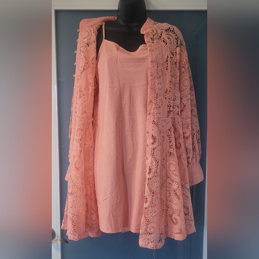 DRESS Peach Crochet Lace Button-Front Tunic SIZE L - Picture 14 of 17